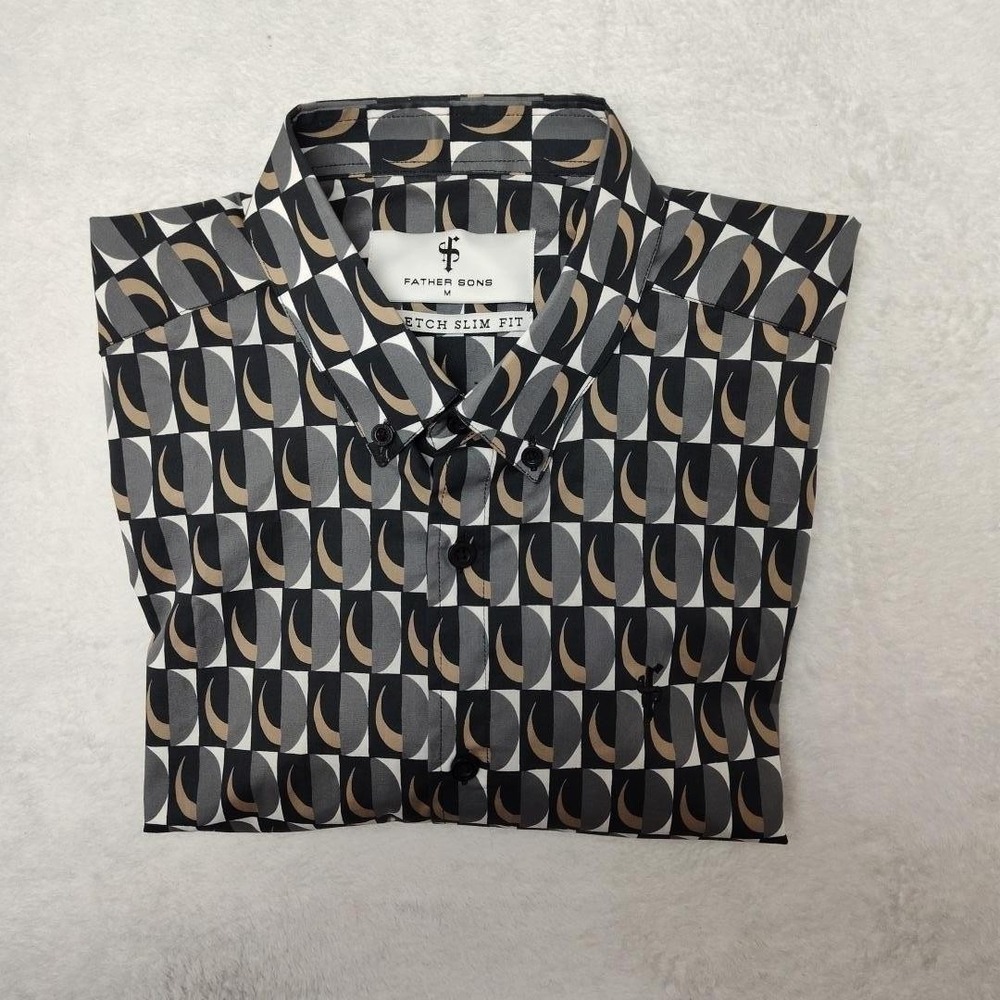 Father Sons Shirt Mens Medium Gray Geometric Short Sleeve Button Up Slim Fit